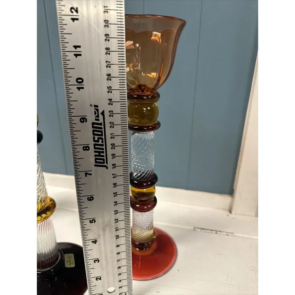 Set Of 3 Signed Czech Glass Z Fusion Art Glass Candlesticks Hand Blown‎ Helix